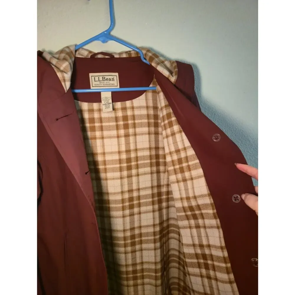LL Bean Plaid Lined Hooded Rain Jacket Maroon Burgundy Coat Women's Size S Reg